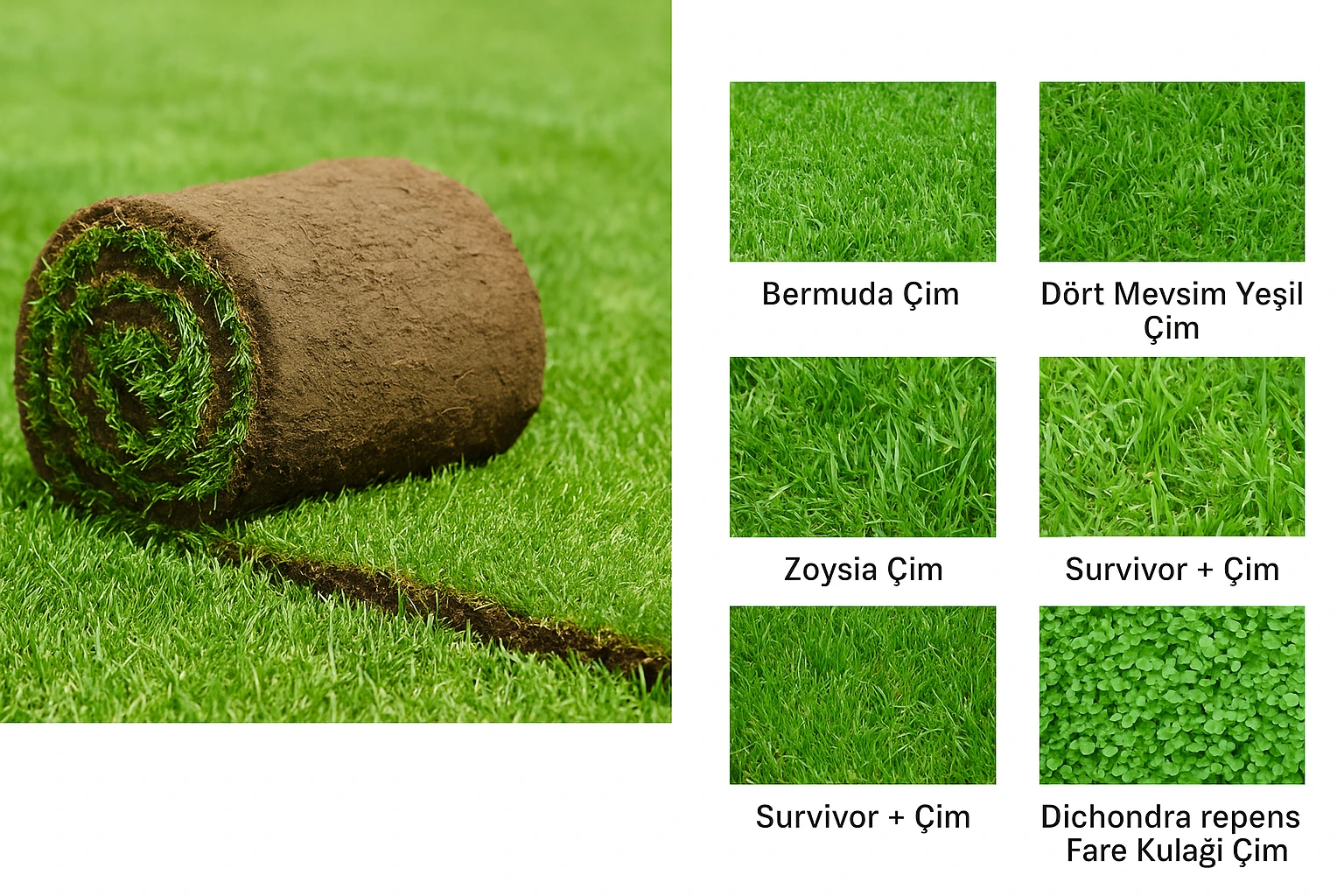 Hazır çim üretimi – Bermuda, dört mevsim yeşil çim, paspalum, zoysia, survivor+ ve dichondra repens çeşitleri