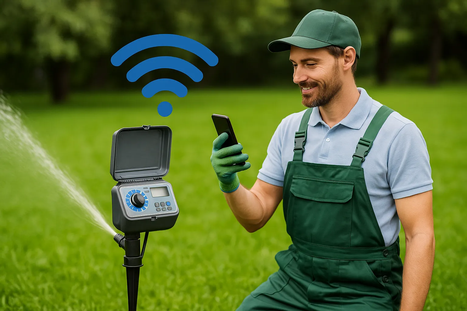 Bahçıvanın telefonuyla kontrol ettiği WiFi otomatik sulama ünitesi.